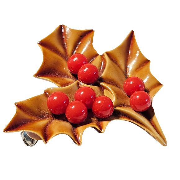 Vintage Style Holly Leaf Brooch Pin 1.88" Red Berries Christmas Holiday Gift Box - Picture 2 of 9